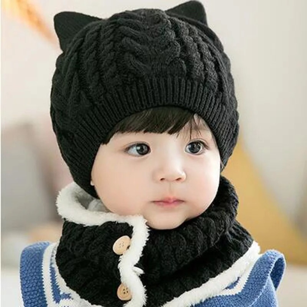 Baby/Toddler Black Hat with Ears Ring Scarf